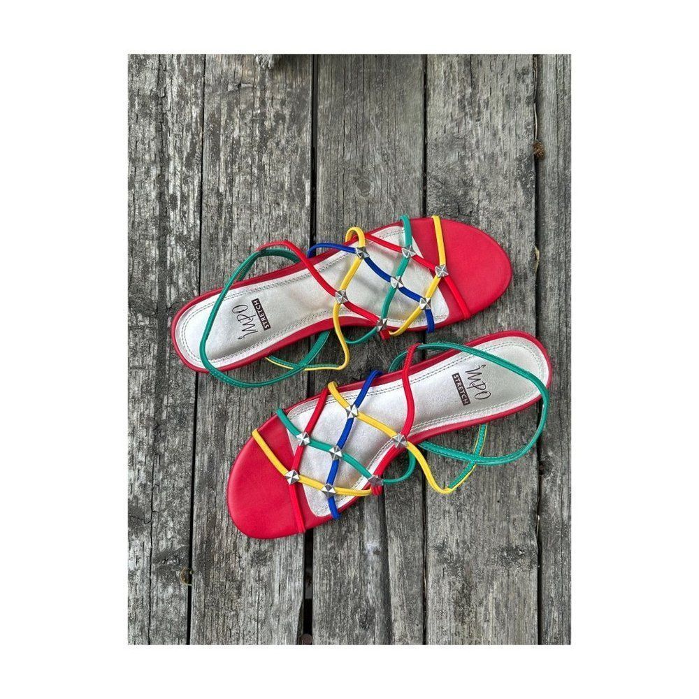 Vintage | 90s IMPO Rainbow Strappy Sandals Stretch Rylie Low Heel Primary Color